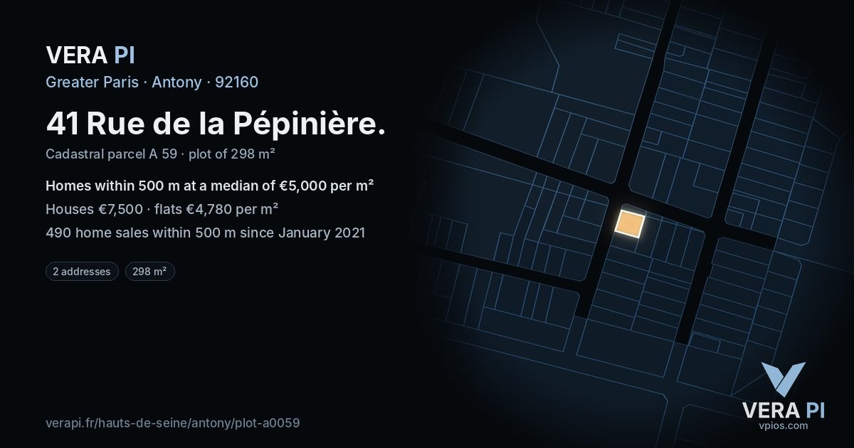 41 Rue de la Pépinière, Antony at night – the plot lit, the parcels around coloured by the prices near them