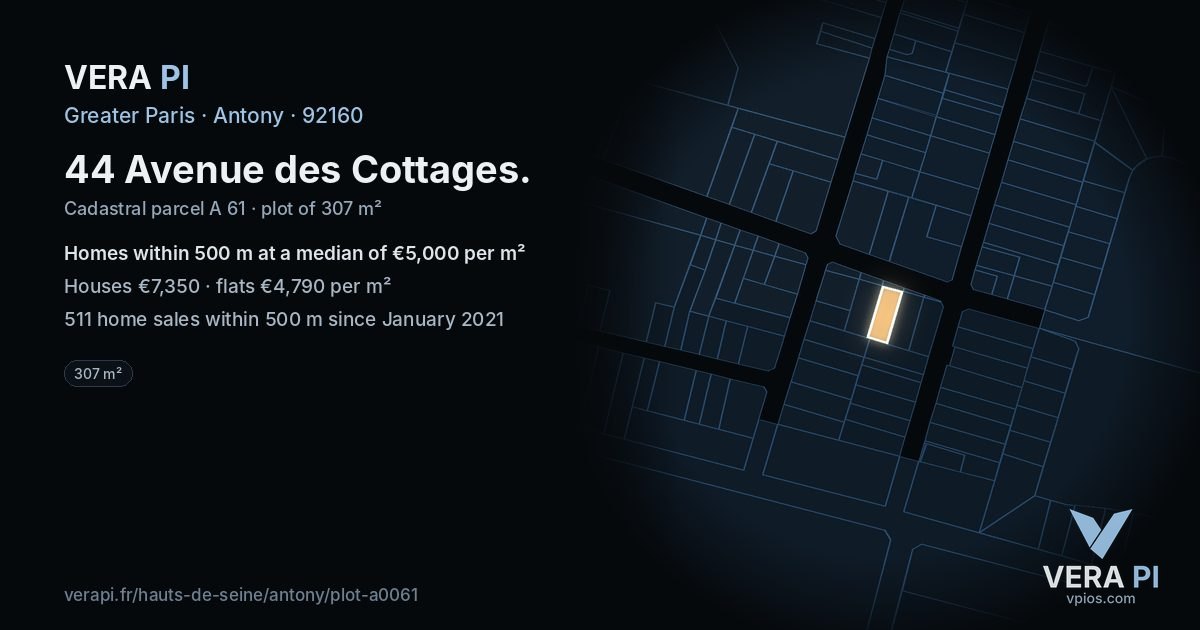 44 Avenue des Cottages, Antony at night – the plot lit, the parcels around coloured by the prices near them
