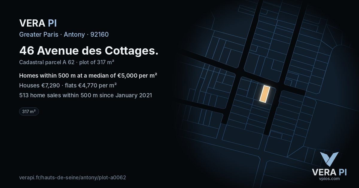 46 Avenue des Cottages, Antony at night – the plot lit, the parcels around coloured by the prices near them