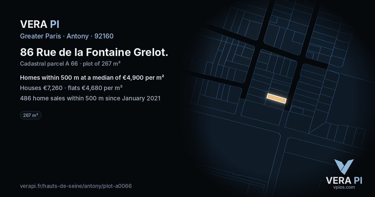 86 Rue de la Fontaine Grelot, Antony at night – the plot lit, the parcels around coloured by the prices near them