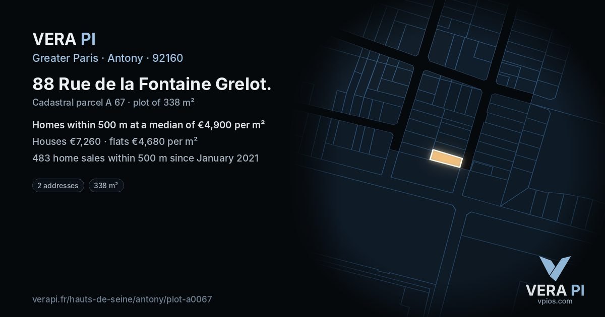 88 Rue de la Fontaine Grelot, Antony at night – the plot lit, the parcels around coloured by the prices near them