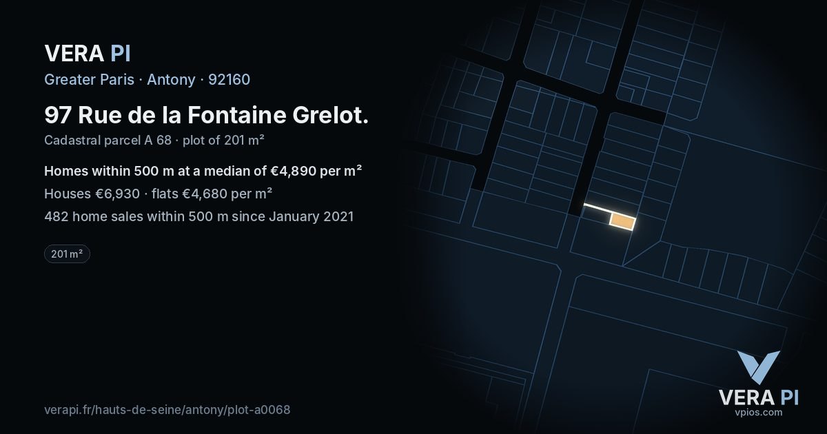 97 Rue de la Fontaine Grelot, Antony at night – the plot lit, the parcels around coloured by the prices near them