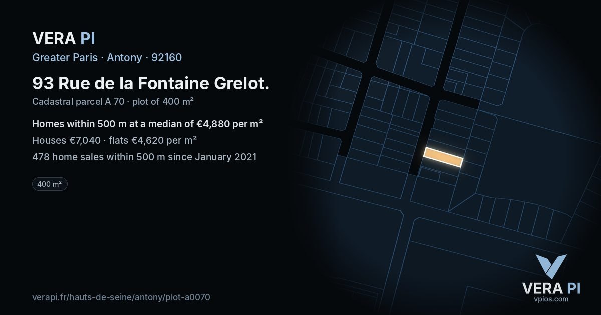 93 Rue de la Fontaine Grelot, Antony at night – the plot lit, the parcels around coloured by the prices near them