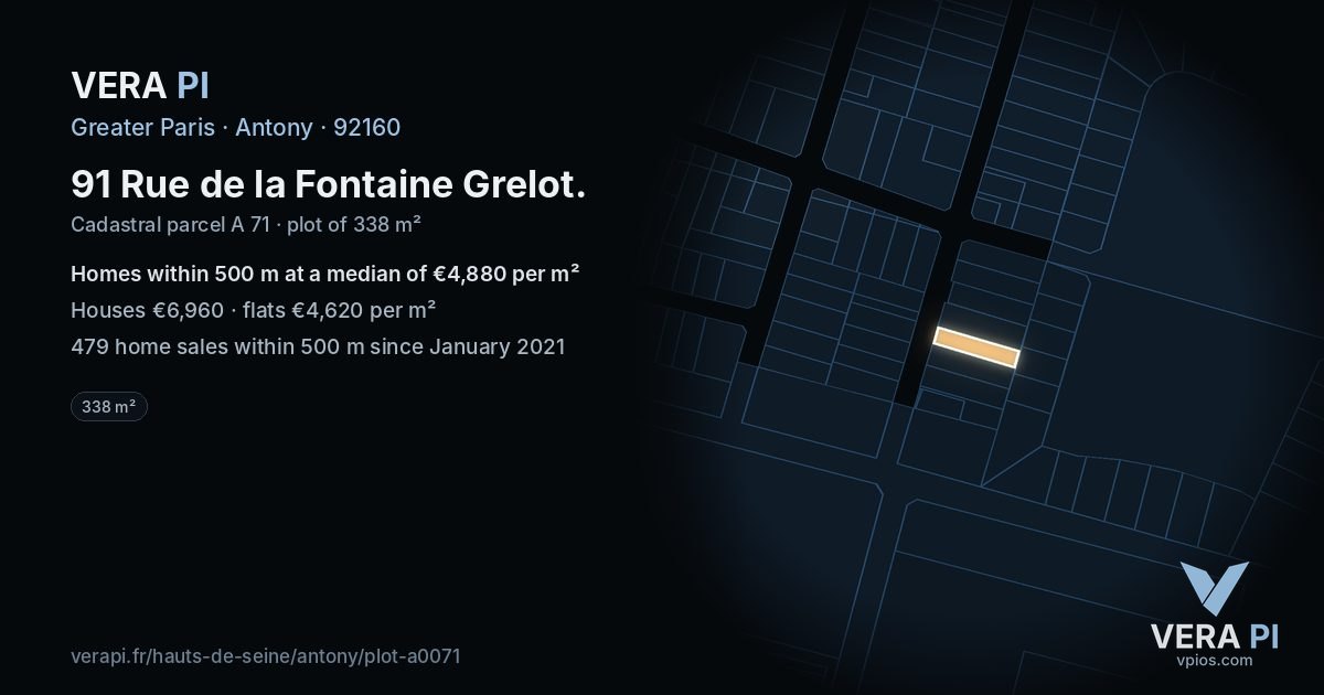 91 Rue de la Fontaine Grelot, Antony at night – the plot lit, the parcels around coloured by the prices near them