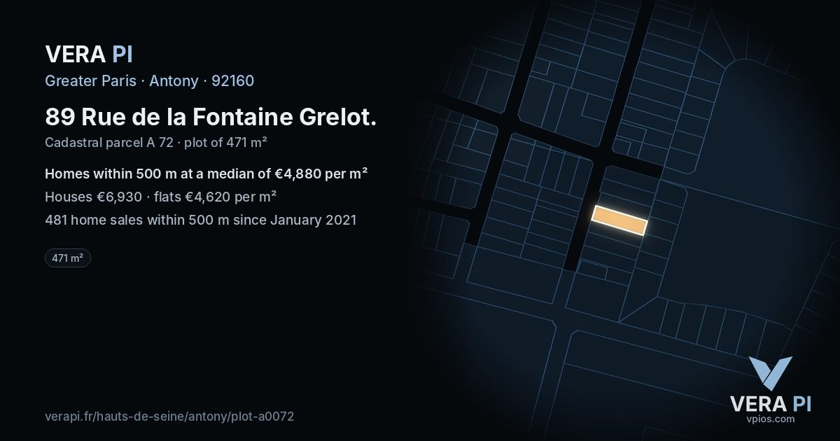 89 Rue de la Fontaine Grelot, Antony at night – the plot lit, the parcels around coloured by the prices near them