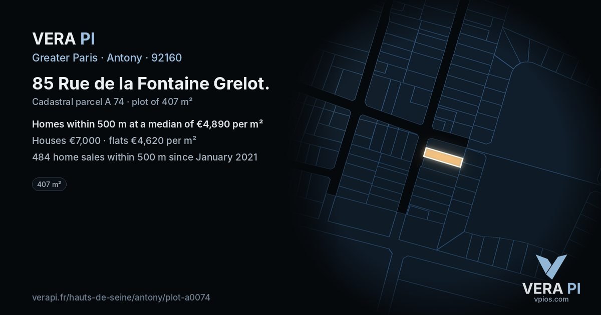 85 Rue de la Fontaine Grelot, Antony at night – the plot lit, the parcels around coloured by the prices near them