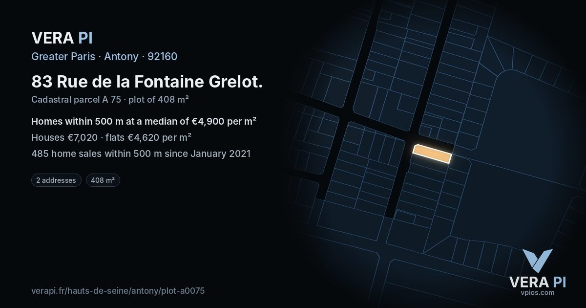 83 Rue de la Fontaine Grelot, Antony at night – the plot lit, the parcels around coloured by the prices near them