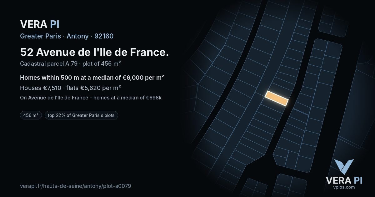 52 Avenue de l'Ile de France, Antony at night – the plot lit, the parcels around coloured by the prices near them