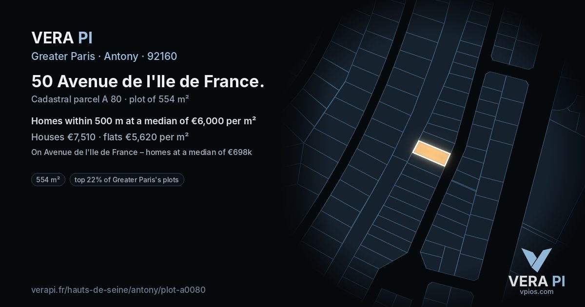 50 Avenue de l'Ile de France, Antony at night – the plot lit, the parcels around coloured by the prices near them