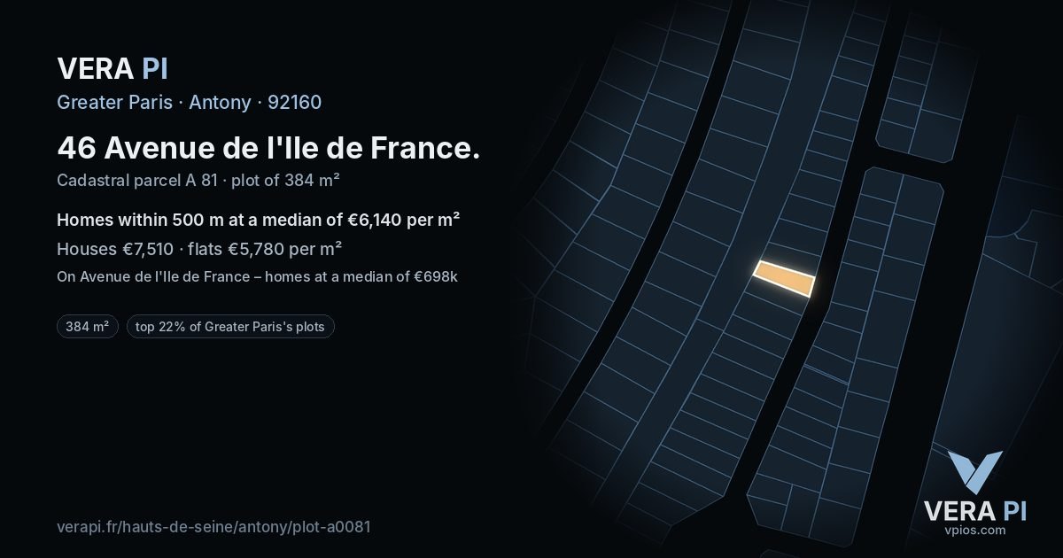 46 Avenue de l'Ile de France, Antony at night – the plot lit, the parcels around coloured by the prices near them