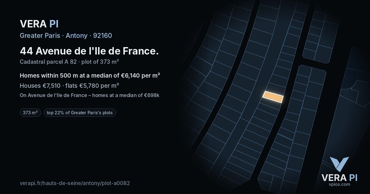 44 Avenue de l'Ile de France, Antony at night – the plot lit, the parcels around coloured by the prices near them