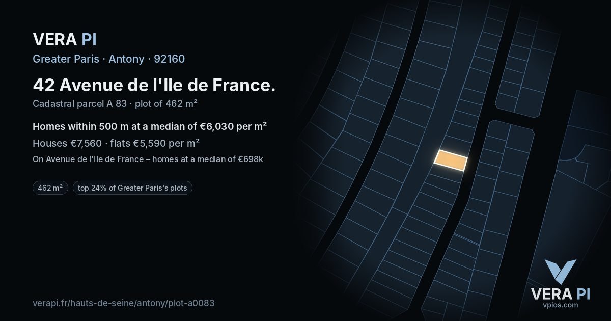 42 Avenue de l'Ile de France, Antony at night – the plot lit, the parcels around coloured by the prices near them