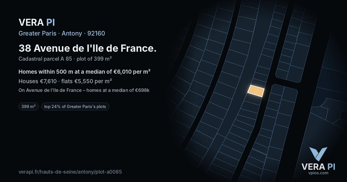 38 Avenue de l'Ile de France, Antony at night – the plot lit, the parcels around coloured by the prices near them