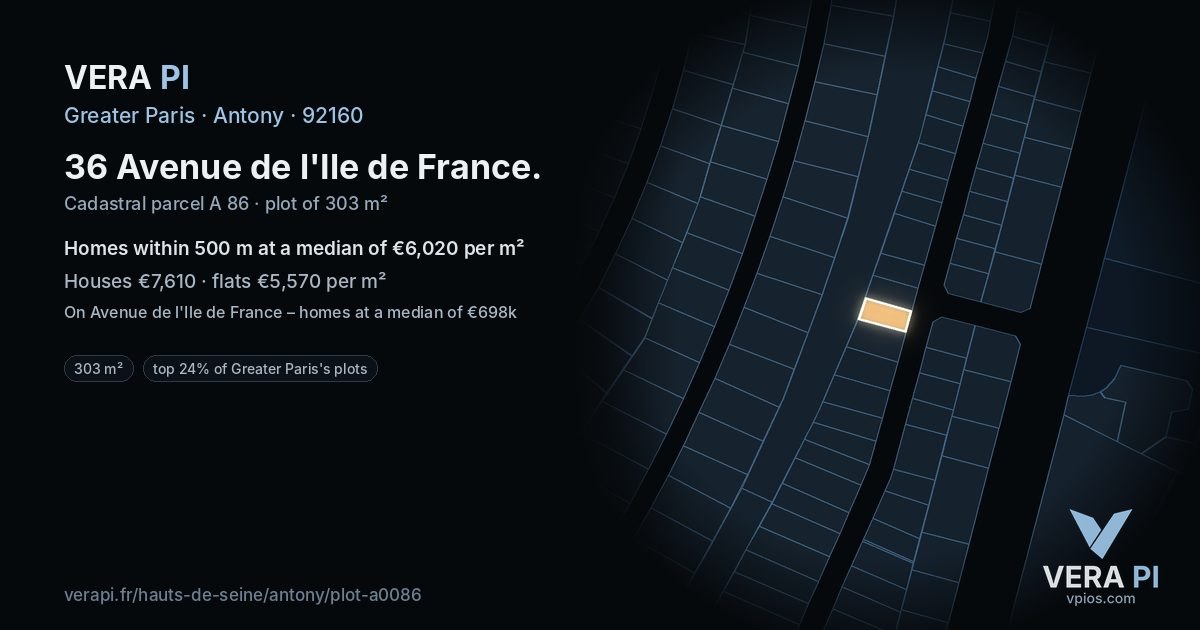 36 Avenue de l'Ile de France, Antony at night – the plot lit, the parcels around coloured by the prices near them