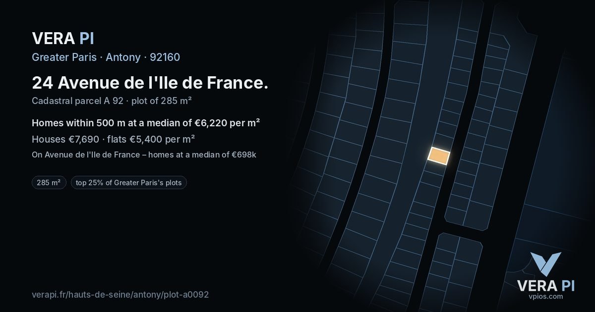 24 Avenue de l'Ile de France, Antony at night – the plot lit, the parcels around coloured by the prices near them