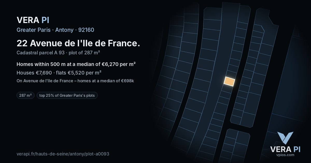 22 Avenue de l'Ile de France, Antony at night – the plot lit, the parcels around coloured by the prices near them