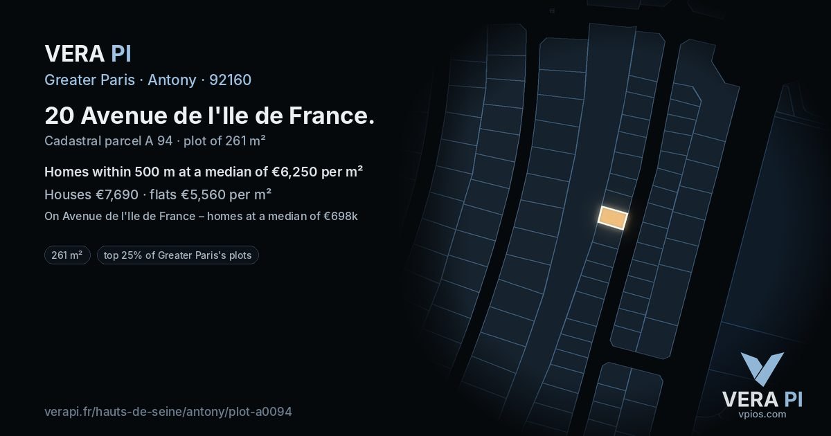 20 Avenue de l'Ile de France, Antony at night – the plot lit, the parcels around coloured by the prices near them