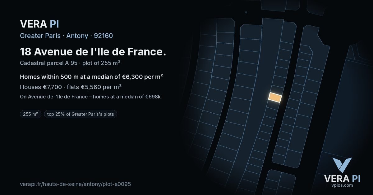 18 Avenue de l'Ile de France, Antony at night – the plot lit, the parcels around coloured by the prices near them
