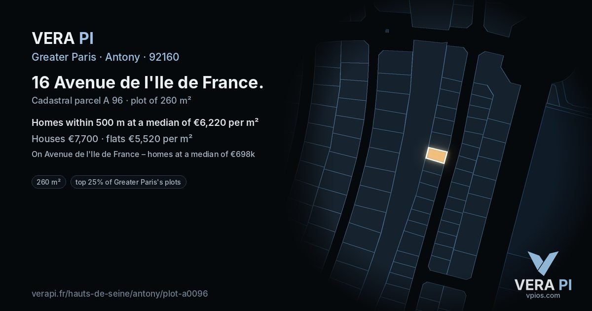 16 Avenue de l'Ile de France, Antony at night – the plot lit, the parcels around coloured by the prices near them