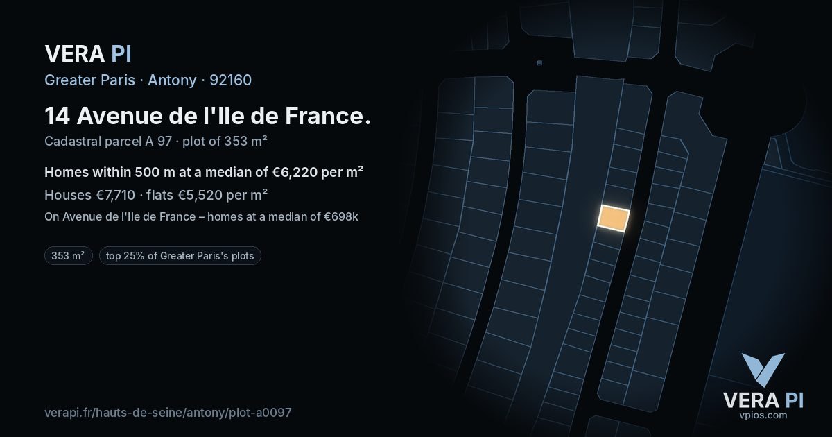 14 Avenue de l'Ile de France, Antony at night – the plot lit, the parcels around coloured by the prices near them