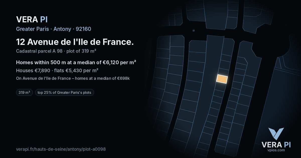 12 Avenue de l'Ile de France, Antony at night – the plot lit, the parcels around coloured by the prices near them