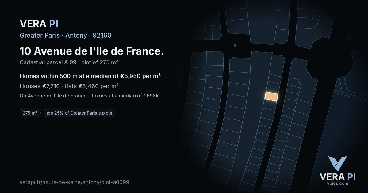 10 Avenue de l'Ile de France, Antony at night – the plot lit, the parcels around coloured by the prices near them