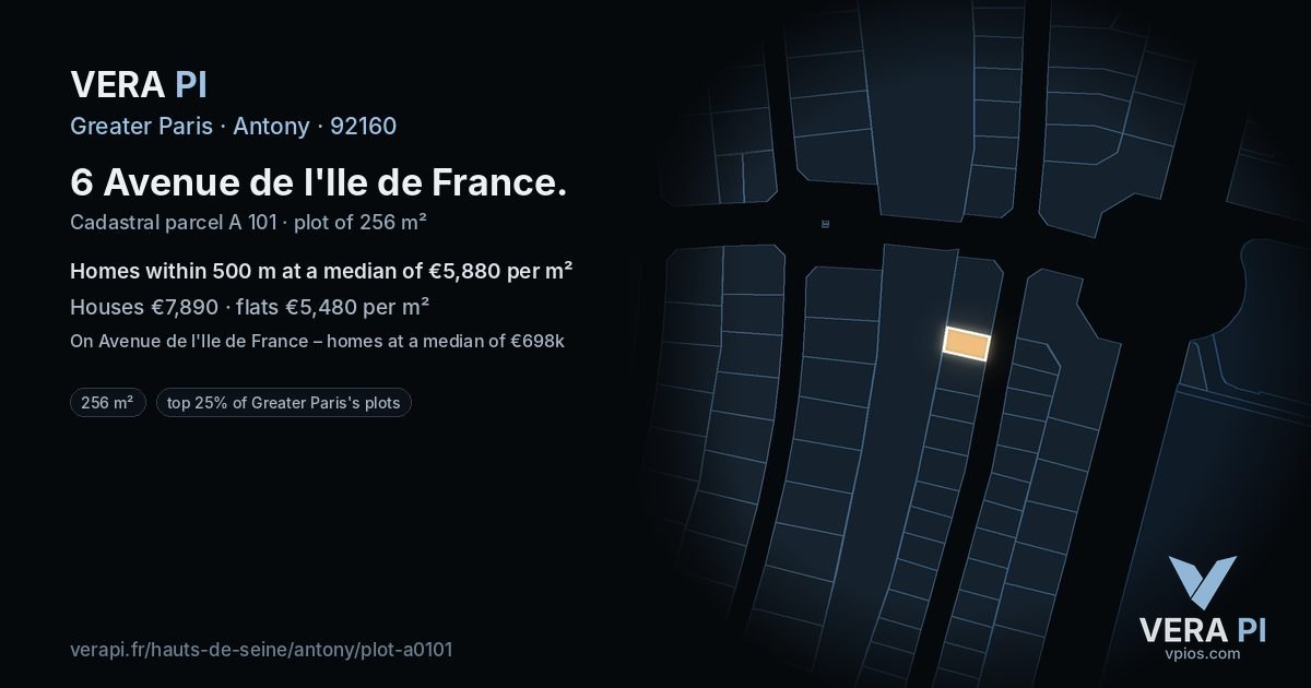6 Avenue de l'Ile de France, Antony at night – the plot lit, the parcels around coloured by the prices near them