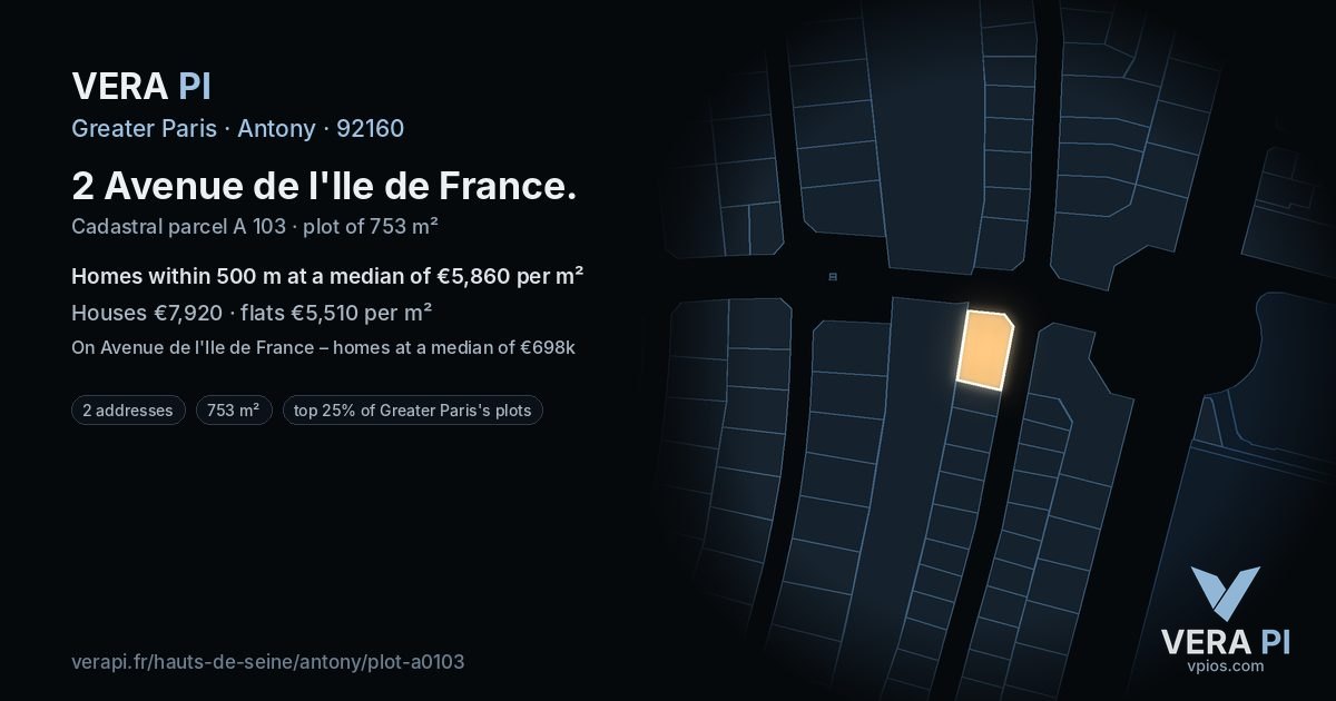 2 Avenue de l'Ile de France, Antony at night – the plot lit, the parcels around coloured by the prices near them