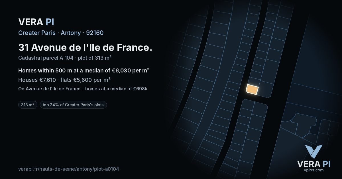 31 Avenue de l'Ile de France, Antony at night – the plot lit, the parcels around coloured by the prices near them