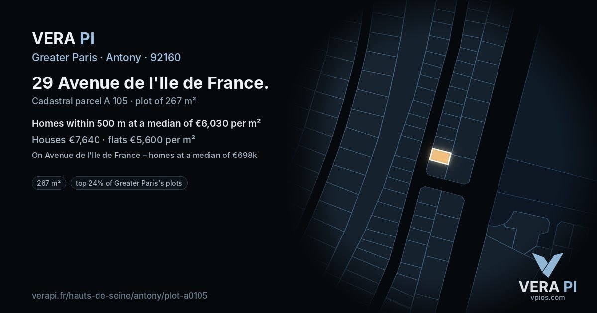 29 Avenue de l'Ile de France, Antony at night – the plot lit, the parcels around coloured by the prices near them