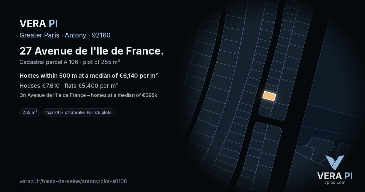 27 Avenue de l'Ile de France, Antony at night – the plot lit, the parcels around coloured by the prices near them