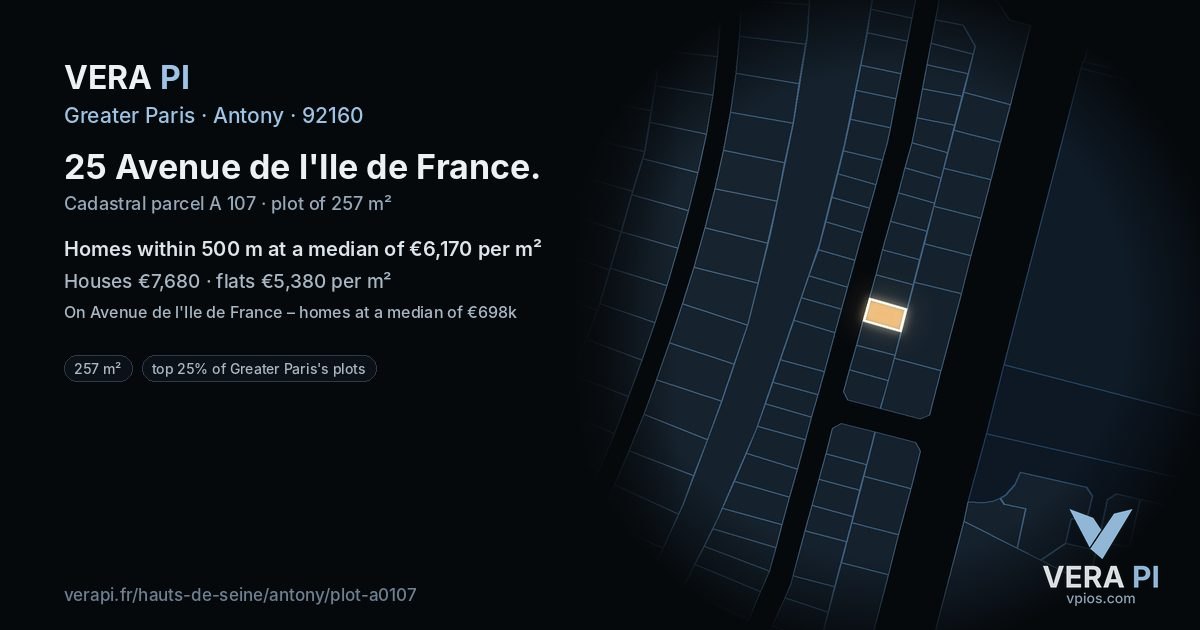 25 Avenue de l'Ile de France, Antony at night – the plot lit, the parcels around coloured by the prices near them