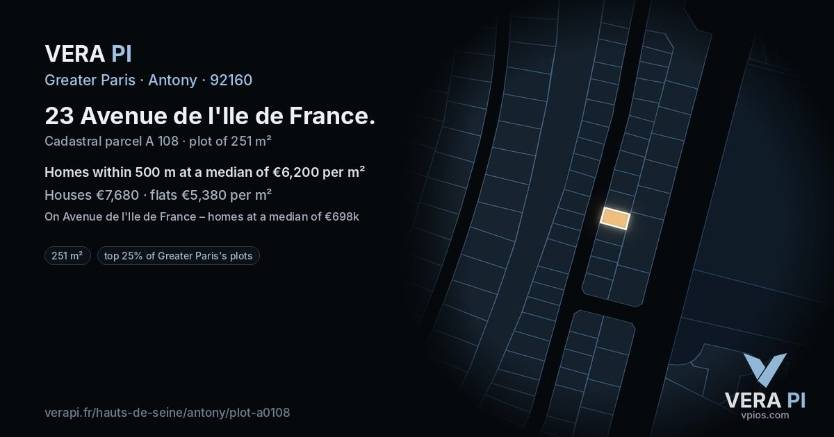 23 Avenue de l'Ile de France, Antony at night – the plot lit, the parcels around coloured by the prices near them