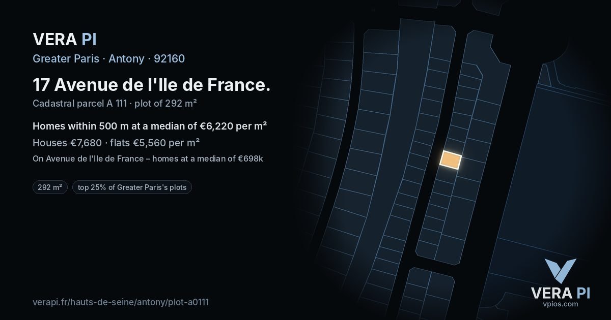 17 Avenue de l'Ile de France, Antony at night – the plot lit, the parcels around coloured by the prices near them