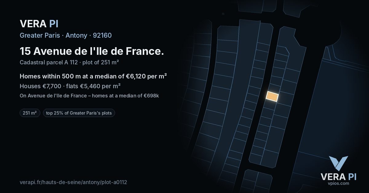 15 Avenue de l'Ile de France, Antony at night – the plot lit, the parcels around coloured by the prices near them