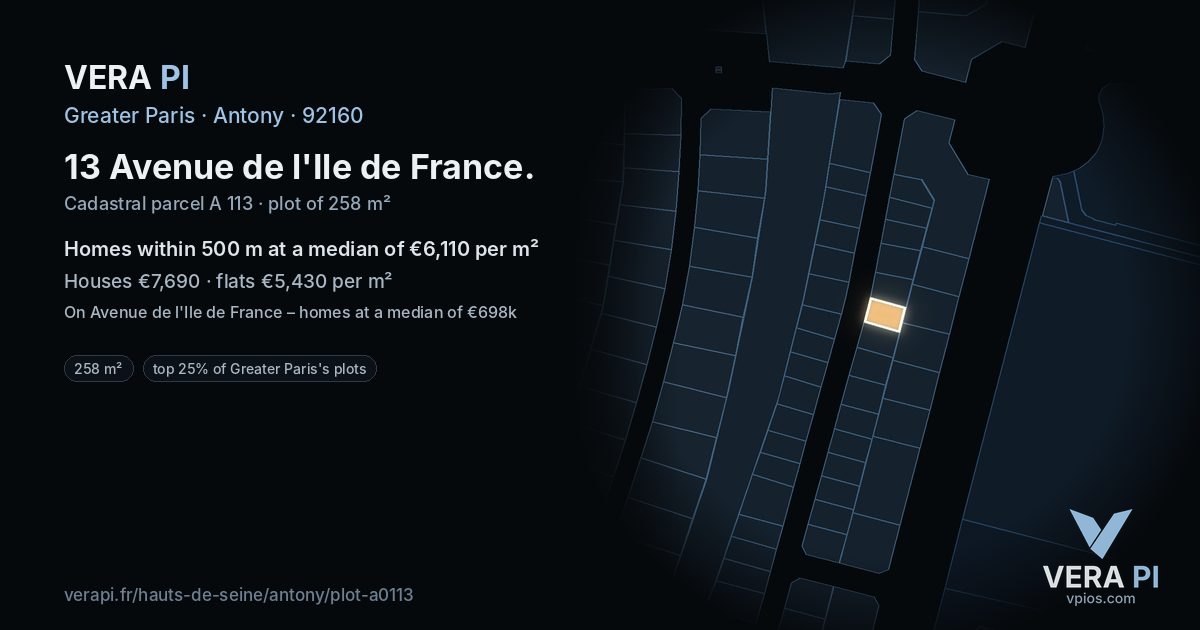 13 Avenue de l'Ile de France, Antony at night – the plot lit, the parcels around coloured by the prices near them