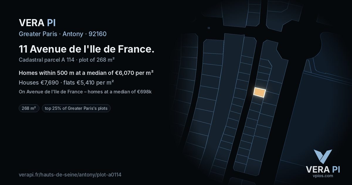 11 Avenue de l'Ile de France, Antony at night – the plot lit, the parcels around coloured by the prices near them