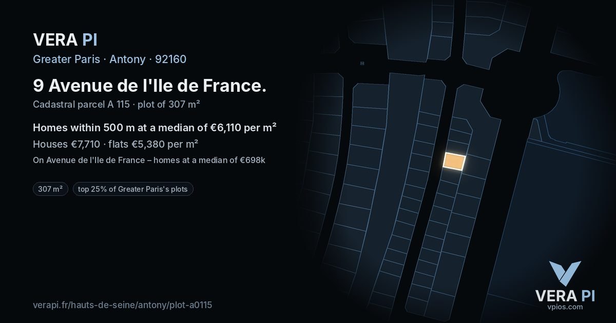 9 Avenue de l'Ile de France, Antony at night – the plot lit, the parcels around coloured by the prices near them