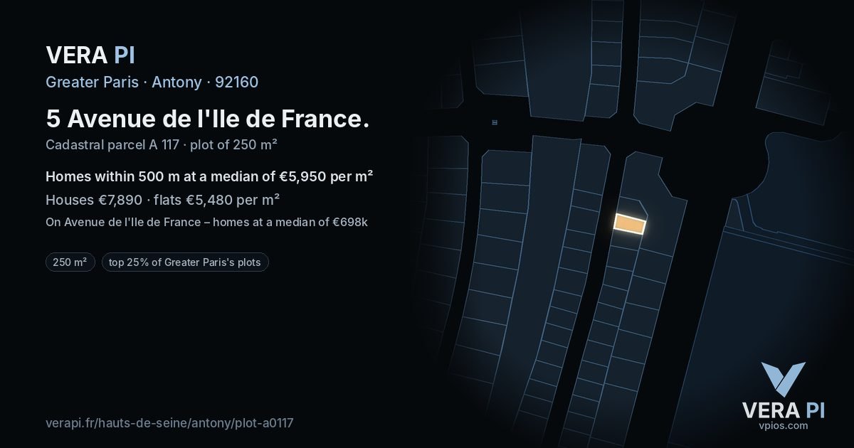 5 Avenue de l'Ile de France, Antony at night – the plot lit, the parcels around coloured by the prices near them