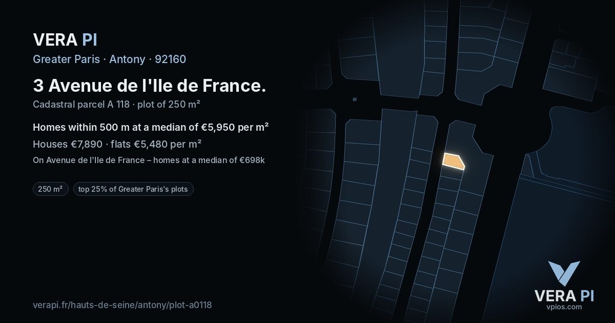 3 Avenue de l'Ile de France, Antony at night – the plot lit, the parcels around coloured by the prices near them