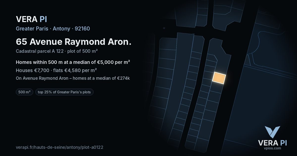 65 Avenue Raymond Aron, Antony at night – the plot lit, the parcels around coloured by the prices near them