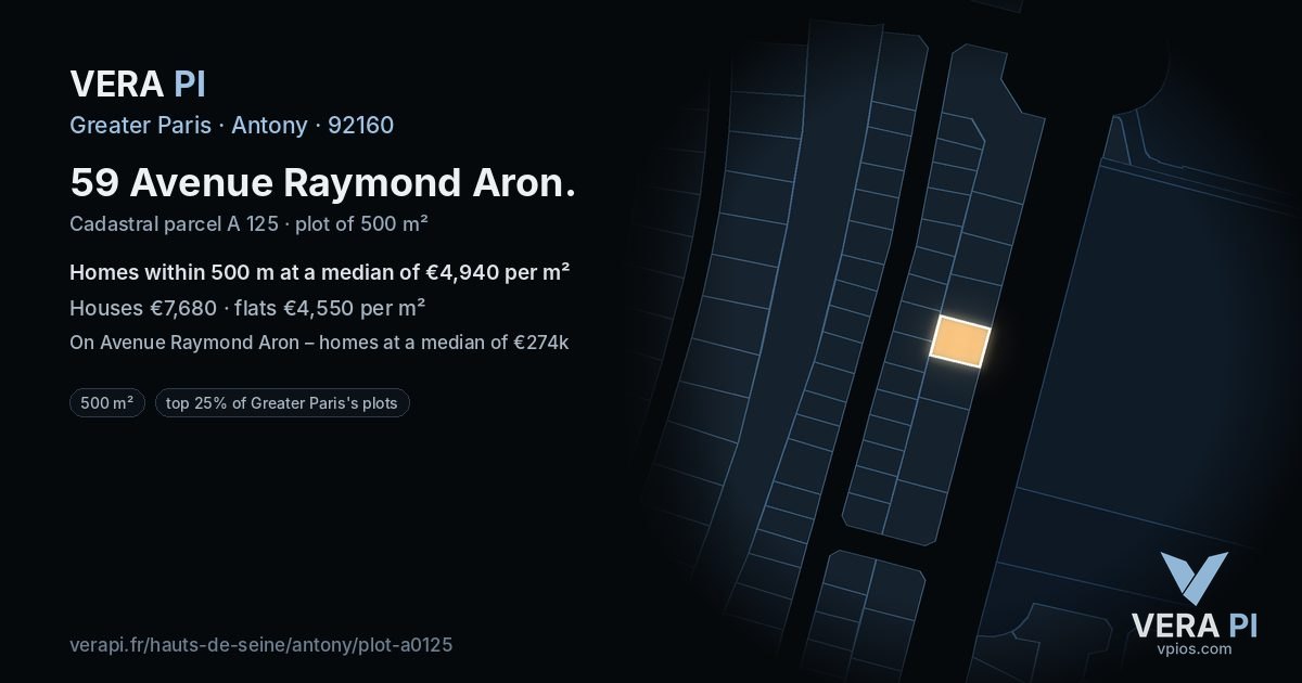 59 Avenue Raymond Aron, Antony at night – the plot lit, the parcels around coloured by the prices near them