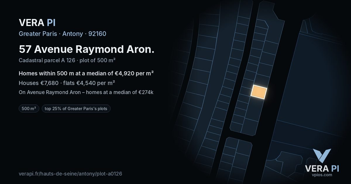 57 Avenue Raymond Aron, Antony at night – the plot lit, the parcels around coloured by the prices near them