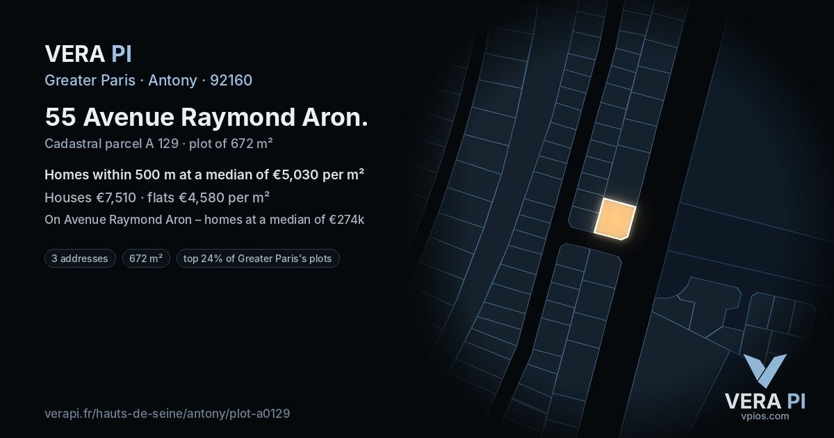 55 Avenue Raymond Aron, Antony at night – the plot lit, the parcels around coloured by the prices near them