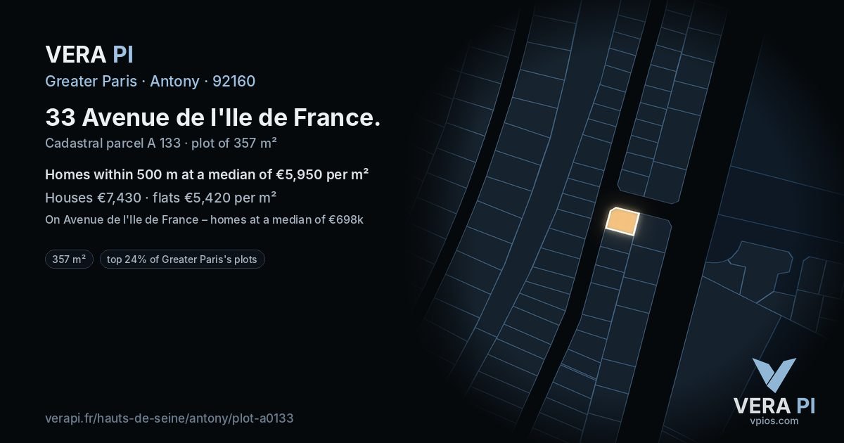 33 Avenue de l'Ile de France, Antony at night – the plot lit, the parcels around coloured by the prices near them