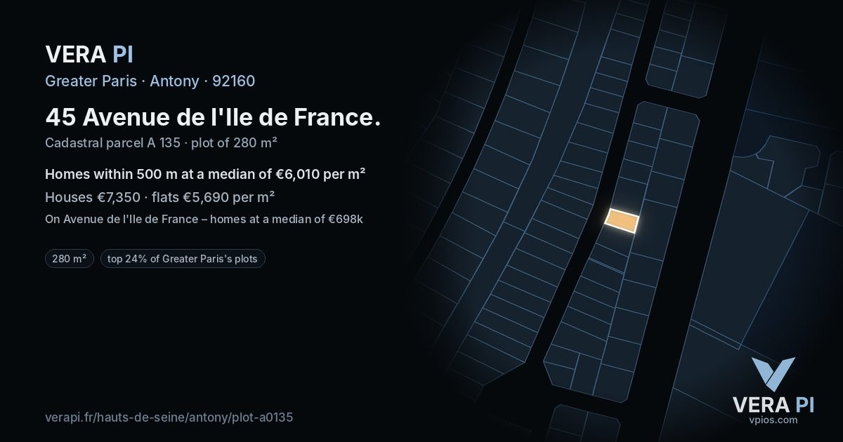 45 Avenue de l'Ile de France, Antony at night – the plot lit, the parcels around coloured by the prices near them