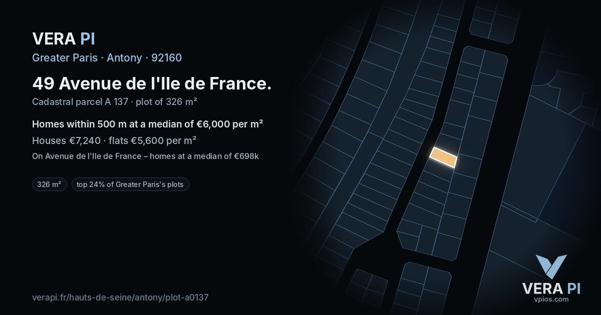 49 Avenue de l'Ile de France, Antony at night – the plot lit, the parcels around coloured by the prices near them