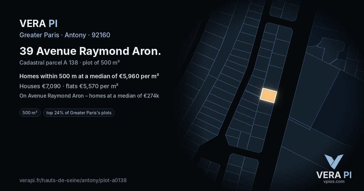 39 Avenue Raymond Aron, Antony at night – the plot lit, the parcels around coloured by the prices near them