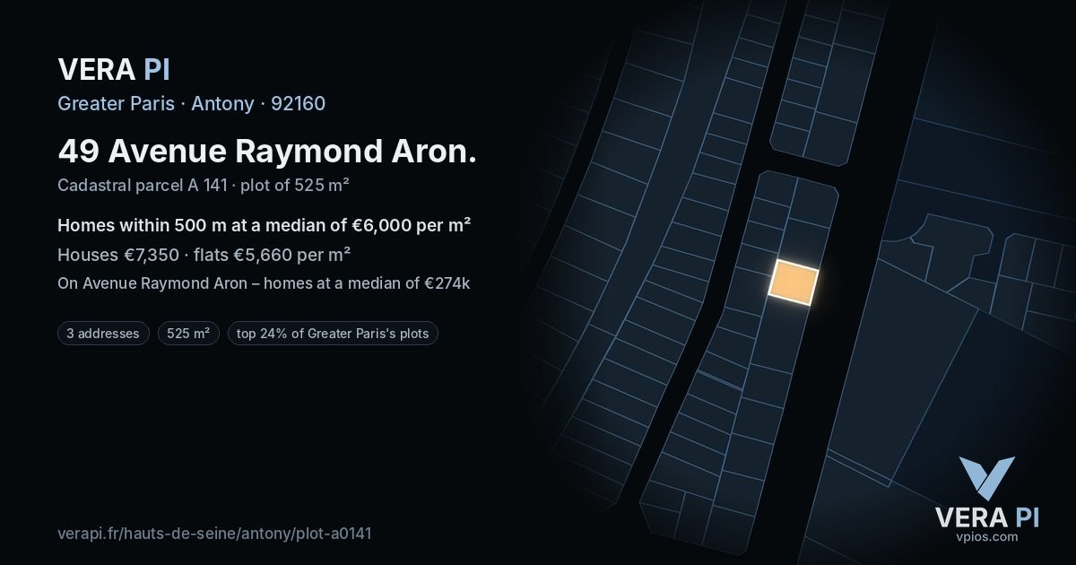 49 Avenue Raymond Aron, Antony at night – the plot lit, the parcels around coloured by the prices near them