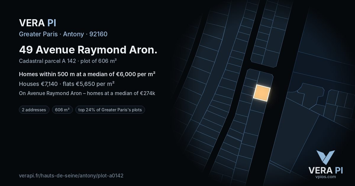 49 Avenue Raymond Aron, Antony at night – the plot lit, the parcels around coloured by the prices near them